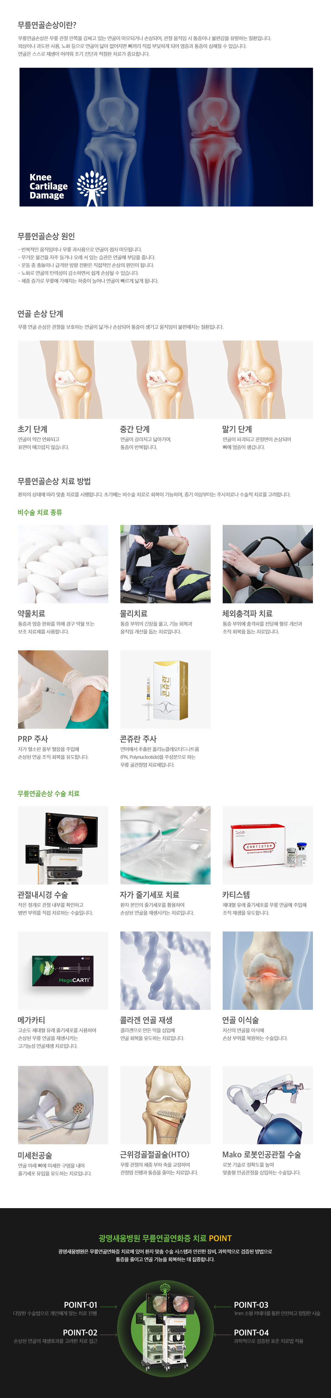 <h3>무릎연골손상이란</h3> <p>무릎 관절 안쪽을 감싸고 있는 연골이 마모되거나 손상되어 관절 움직임 시 통증이나 불편감을 유발하는 질환입니다. 이 질환의 원인은 반복적인 움직임이나 무릎의 과사용으로 연골이 마모되거나 충돌 및 급격한 방향 전환 등이 손상의 원인이 됩니다. 치료 방법으로는 약물치료, 물리치료, 체외충격파 치료, PRP주사, 콘쥬란 주사, 관절내시경 수술, 자가 줄기세포 치료, 카티스템, 메가카티, 콜라겐 연골 재생, 연골 이식술, 미세천공술, 근위경골절골수르, 마코로봇인공관절 수술 등이 있습니다.</p>