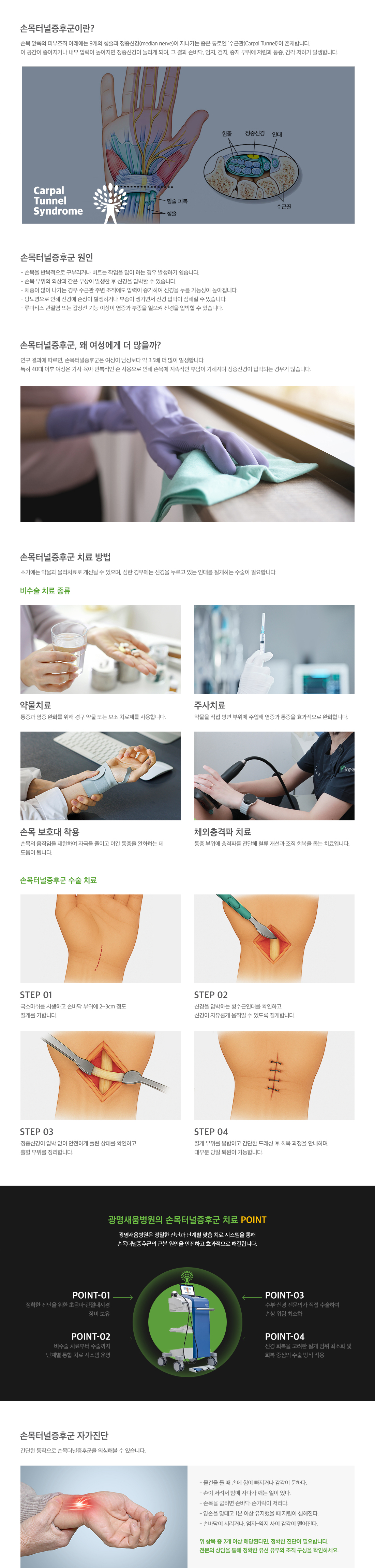 <h3>손목터널증후군</h3> <p>손목 앞쪽의 피부조직 아래에는 9개의 힘줄과 정중신경이 지나가는 좁은 통로인 수근관이 존재합니다. 이 공간이 좁아지거나 내부 압력이 높아지면 정중신경이 눌리게 되며, 그 결과 손바닥, 엄지, 검지, 중지 부위에 저림과 통증, 감각 저하가 발생합니다. 주로 반복적으로 구부리거나 비트는 작업을 많이 하거나, 류마티스 관절염 또는 갑상선 기능 이상으로 염증과 부종이 일으켜 신경을 압박하는 경우 발생할 수 있습니다. 치료 방법으로는 약물치료, 주사치료, 손목 보호대 착용, 체외충격파 치료, 수술 치료 등이 있습니다.</p>
